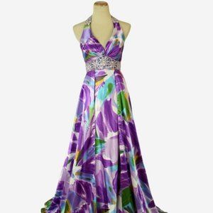 Tony Bowls Genuine Purple Halter Beaded Evening Formal Gown